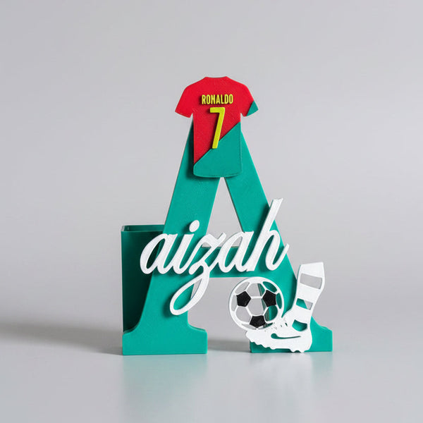 Personalised Name Stand & Pen Holder Football Ronaldo Theme
