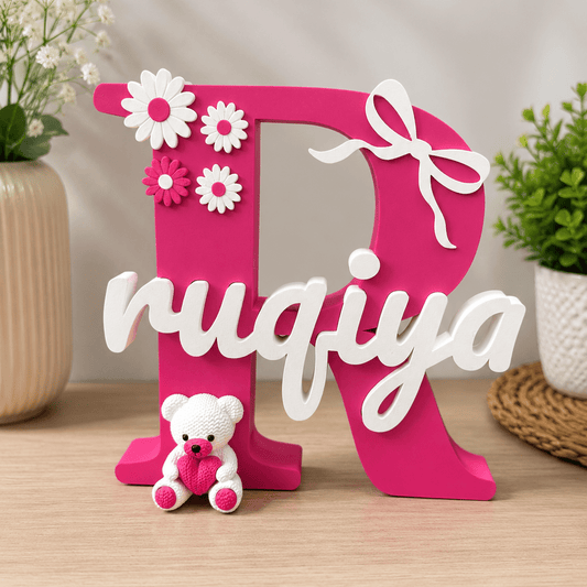 Floral Theme Personalised 3D Printed Stand with Teddy Charm - Chatterbox Labels-3D Printed Gifts
