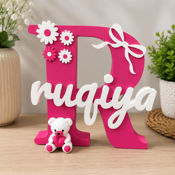 Floral Theme Personalised 3D Printed Stand with Teddy Charm - Chatterbox Labels-3D Printed Gifts
