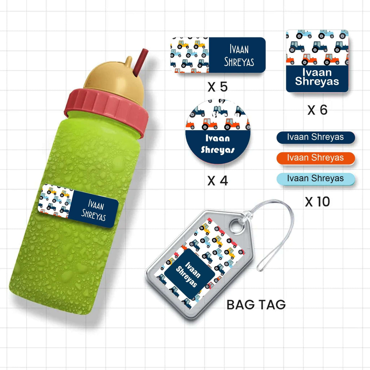 Assorted Shapes Waterproof Labels - Tractor Design - Chatterbox Labels-Personalised Waterproof Stickers - Opaque