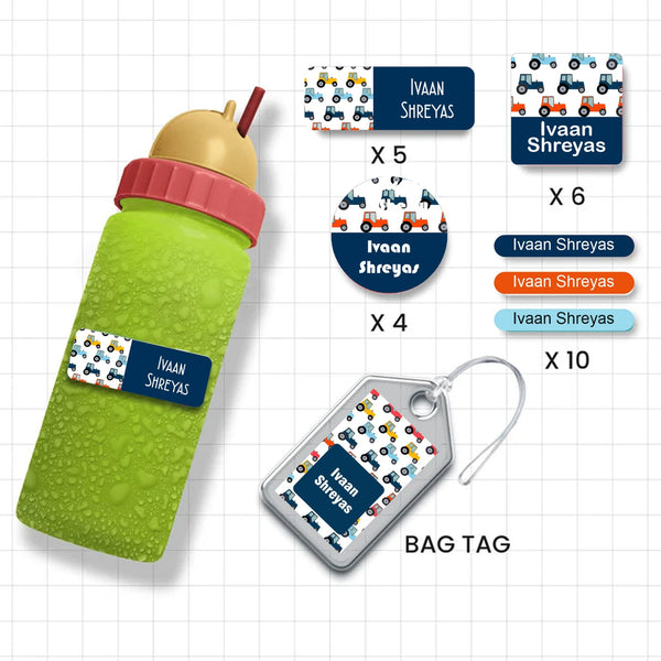 Assorted Shapes Waterproof Labels - Tractor Design - Chatterbox Labels-Personalised Waterproof Stickers - Opaque