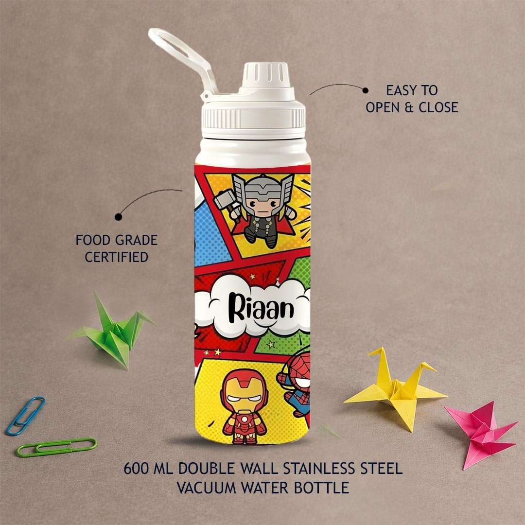 Personalised Insulated Stainless Steel Bottle – 600 ML - Super Hero - Chatterbox Labels-Water Bottle