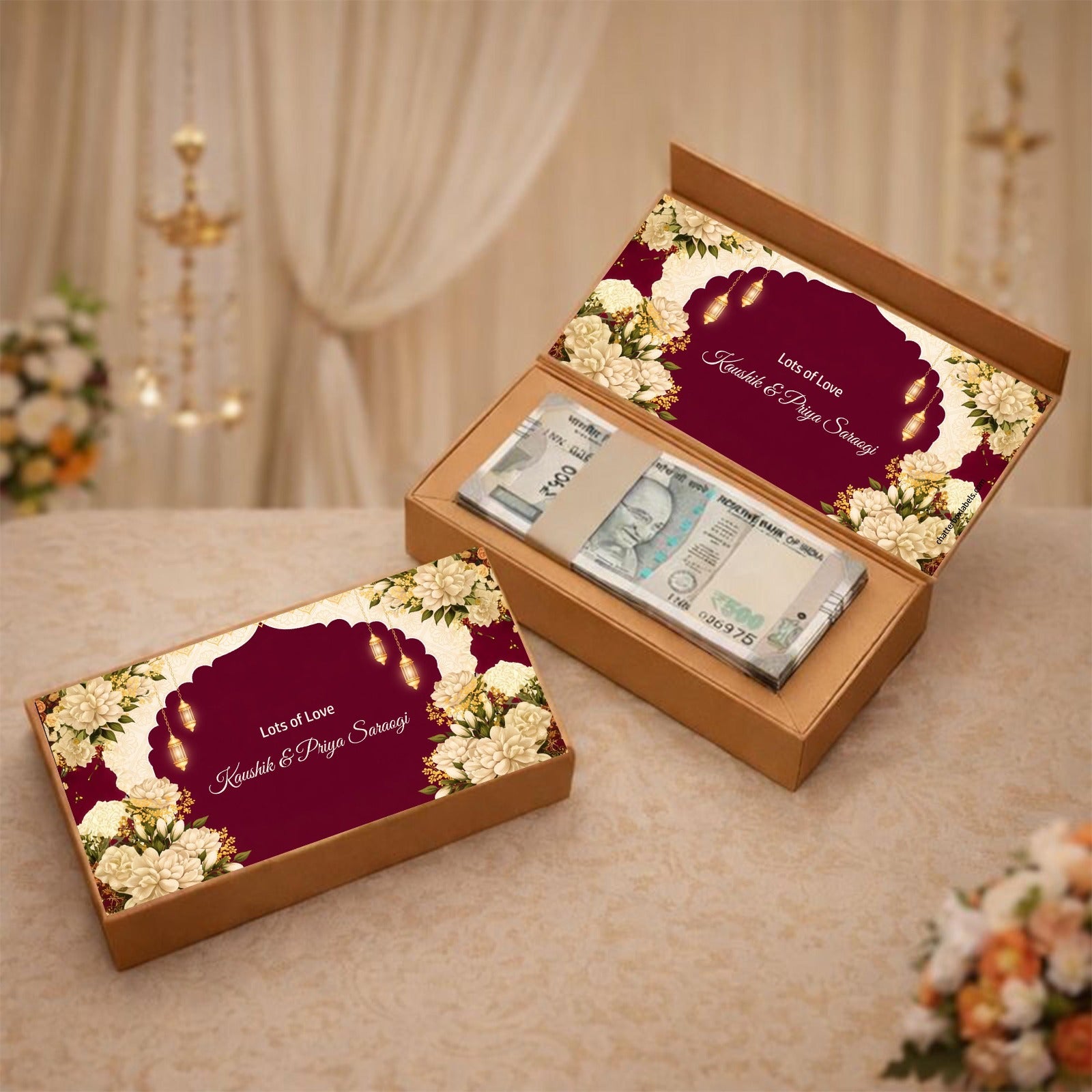 Personalised Shagun Cash Gift Box - Royale Maroon Bloom