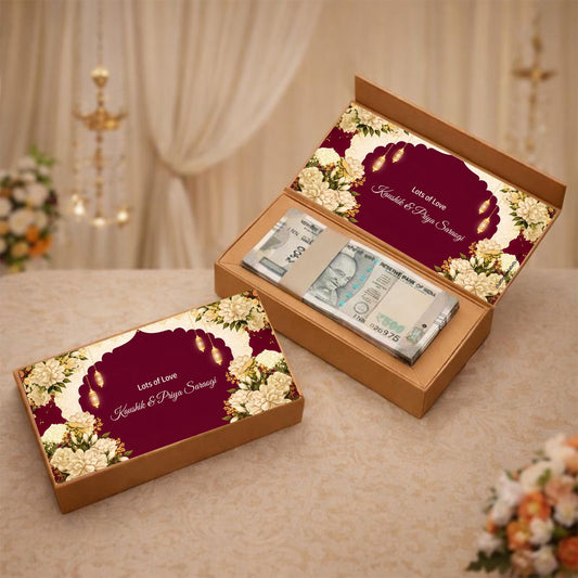 Personalised Shagun Cash Gift Box - Royale Maroon Bloom - Chatterbox Labels - Cash Box