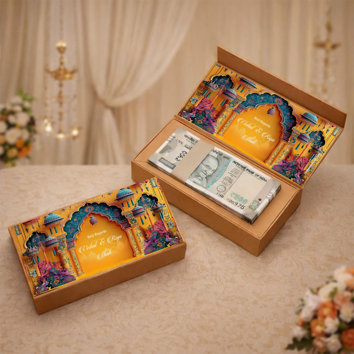 Personalised Shagun Cash Gift Box - Golden Arch - Chatterbox Labels - Cash Box