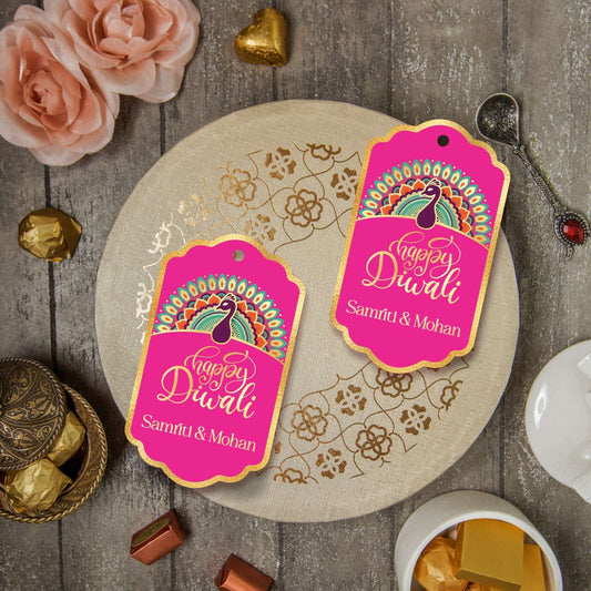 Happy Diwali Gold Foil Gift Tags - Royal Peacock Tags  - Fuchsia Pink