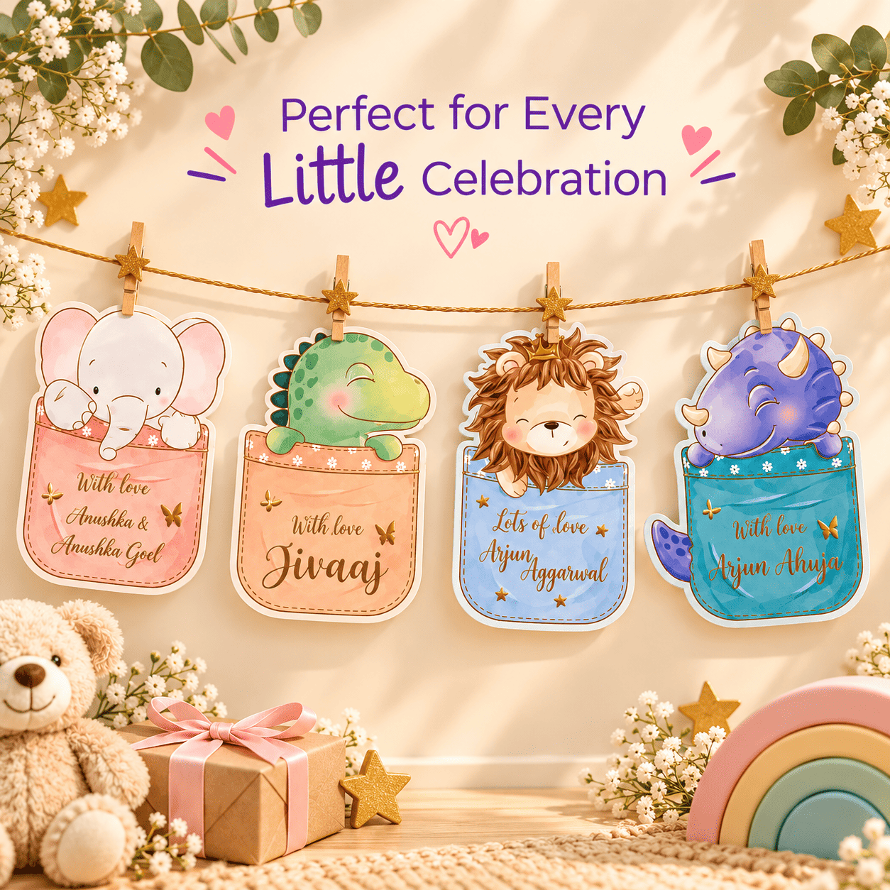 Gold Embossed Animal Shape Assorted Gift Tags for Kids