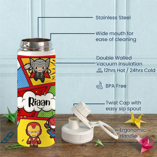 Personalised Insulated Stainless Steel Bottle – 600 ML - Super Hero - Chatterbox Labels-Water Bottle