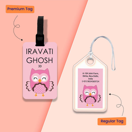 Personalized Bag Tags for Kids - Set of 5 - Baby Pink Owl Design - Chatterbox Labels - Luggage Tags