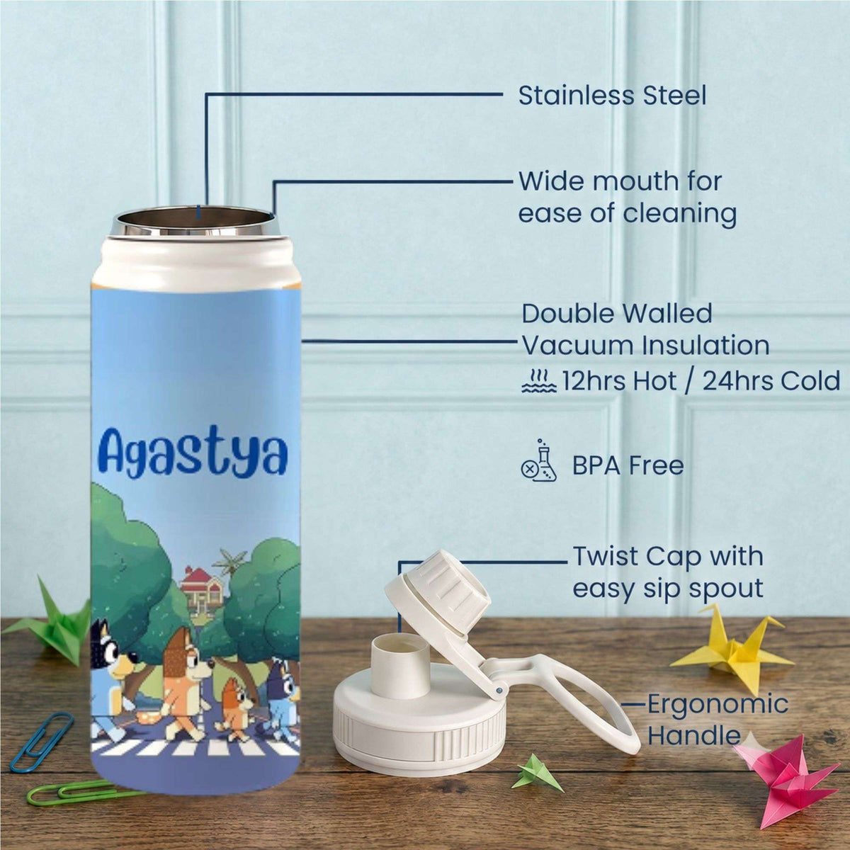 Personalised Insulated Stainless Steel Bottle – 600 ML - Bluey Buddies - Chatterbox Labels-Water Bottle