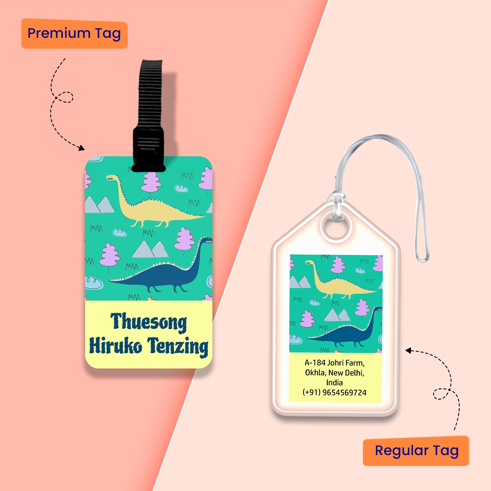 Personalized Bag Tags for Kids - Set of 5 - Dino design