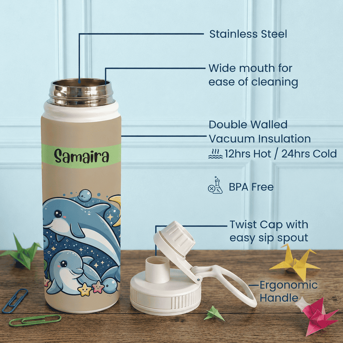 Personalised Insulated Stainless Steel Bottle – 600 ML - Fin-tastic Sipper - Chatterbox Labels-Water Bottle