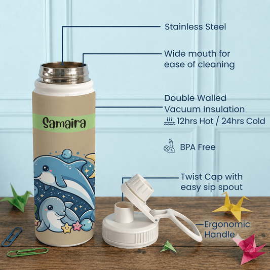 Personalised Insulated Stainless Steel Bottle – 600 ML - Fin-tastic Sipper - Chatterbox Labels-Water Bottle