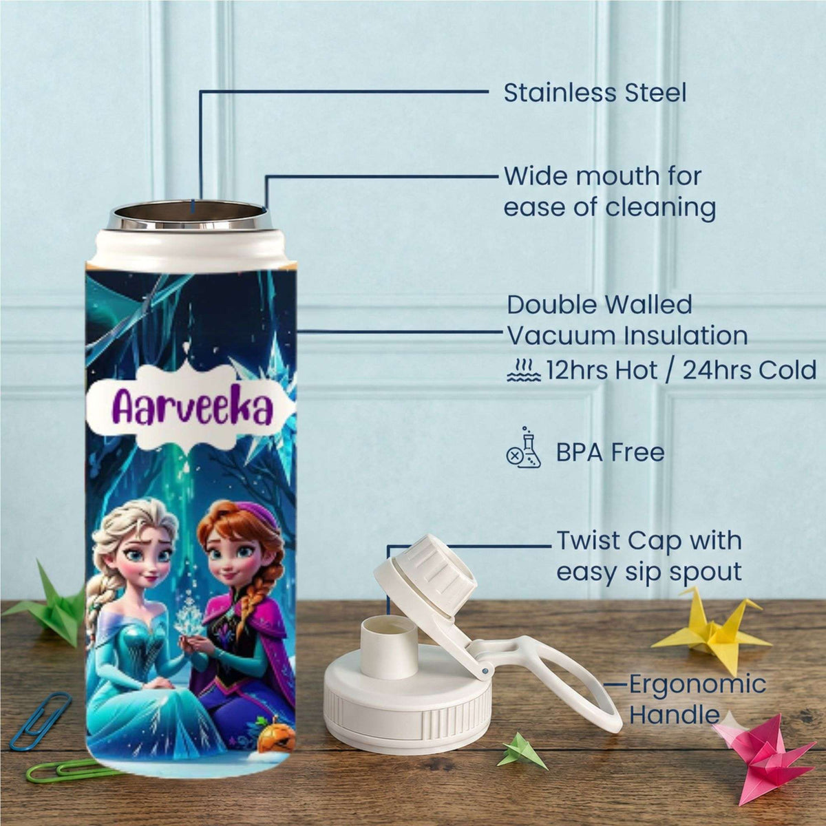 Personalised Insulated Stainless Steel Bottle – 600 ML - Elsa's Ice Sipper - Chatterbox Labels-Water Bottle