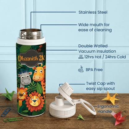 Personalised Insulated Stainless Steel Bottle – 600 ML - Safari Sipper - Chatterbox Labels-Water Bottle