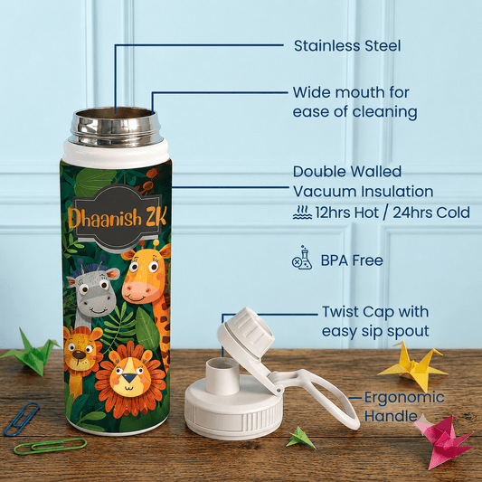 Personalised Insulated Stainless Steel Bottle – 600 ML - Safari Sipper - Chatterbox Labels-Water Bottle