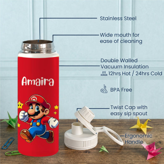 Personalised Insulated Stainless Steel Bottle – 600 ML - Mario Design - Chatterbox Labels-Water Bottle