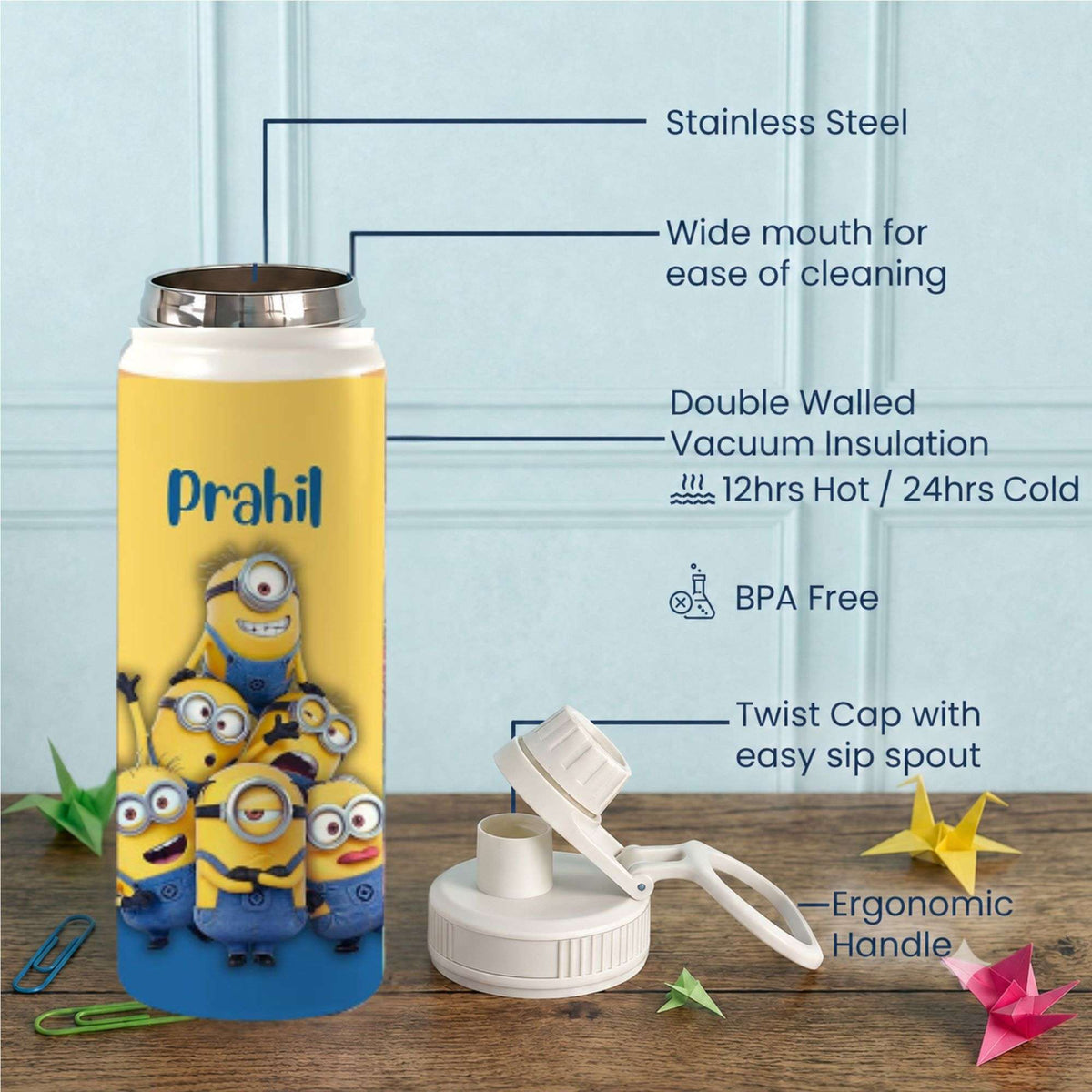 Personalised Insulated Stainless Steel Bottle – 600 ML - Minion Sipper - Chatterbox Labels-Water Bottle