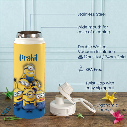 Personalised Insulated Stainless Steel Bottle – 600 ML - Minion Sipper - Chatterbox Labels-Water Bottle