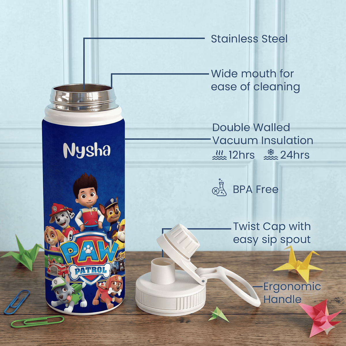 Personalised Insulated Stainless Steel Bottle – 600 ML - Paw Patrol Power - Chatterbox Labels-Water Bottle