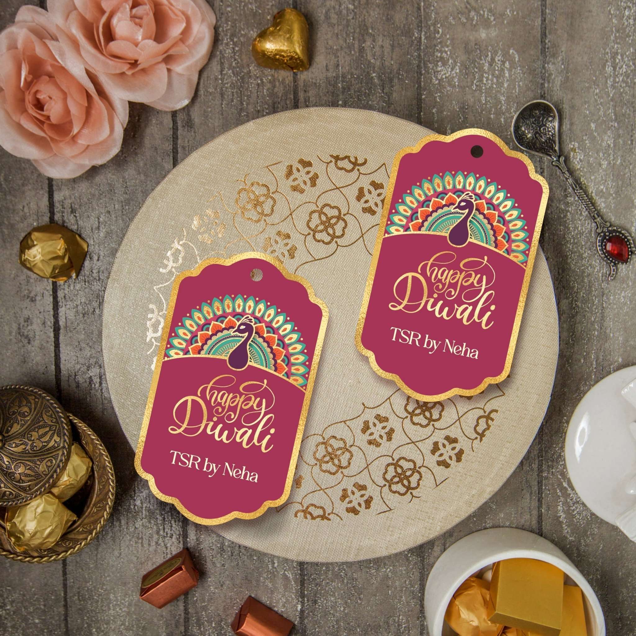 Happy Diwali Gold Foil Gift Tags - Royal Peacock Tags  - Brown