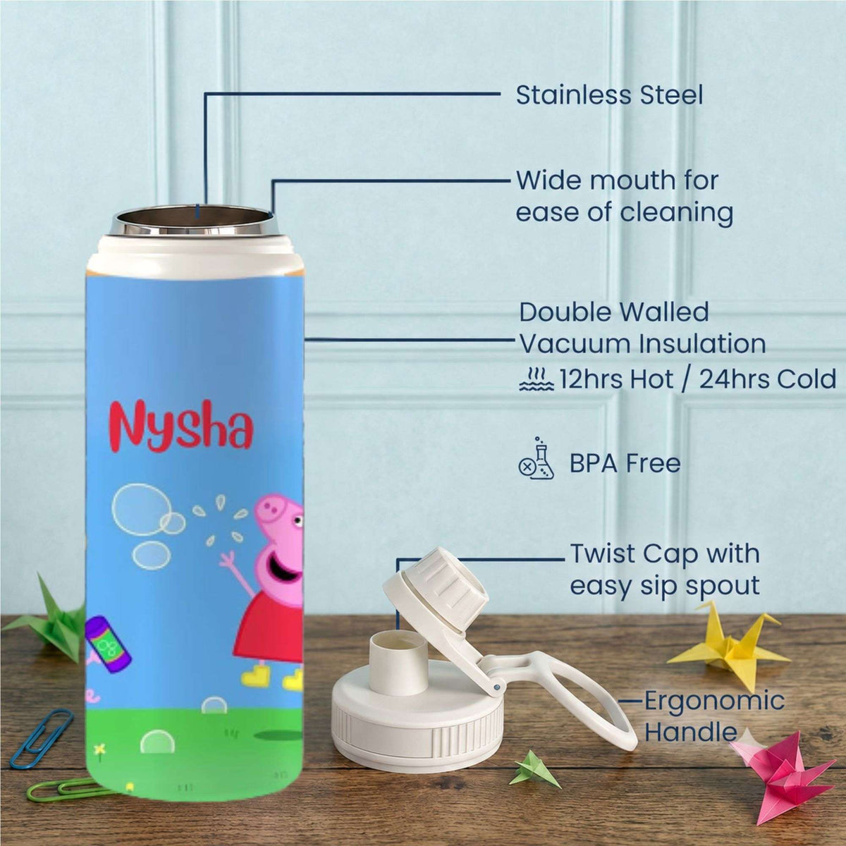 Personalised Insulated Stainless Steel Bottle – 600 ML - Peppa's Drink - Chatterbox Labels-Water Bottle