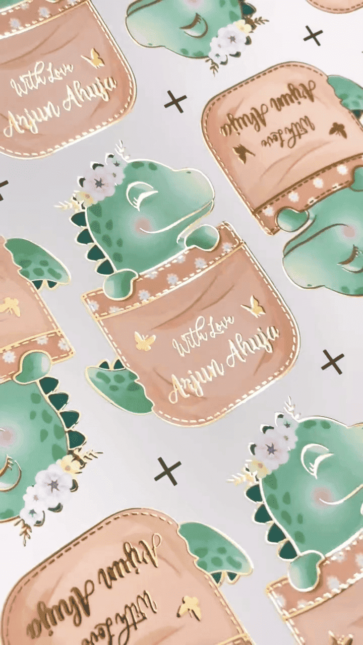 Custom shape Gold Embossed Gift Tags for Kids- Green Dino